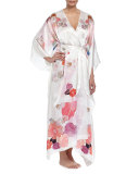 Floral-Printed V-Neck Wrap Robe, Ivory
