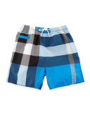 Saxon Check Swim Trunks, Cerulean Blue, Size 6M-3
