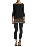Sequined Boat-Neck 3/4-Sleeve Tunic, Caviar