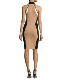 Sleeveless Mock-Neck Intarsia Fitted Dress, Camel/White/Black
