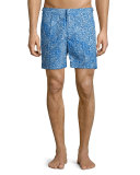 Bulldog Geometric-Print Swim Trunks, Blue Pattern