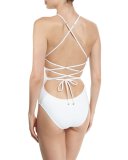 Rayna Perforated-Panel Strappy-Back One-Piece Swimsuit, White Perfection