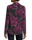 Adalyn Long-Sleeve Floral-Print Silk Shirt, True Black/Hollyhock