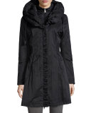 Hooded Ribbed-Trim A-Line Jacket, Black