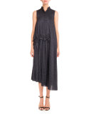 Pinstriped Sleeveless Gathered-Waist Midi Dress, Navy