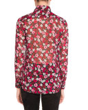 Poppy-Print Classic Silk Blouse, Medium Red