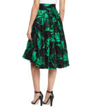 High-Waist Floral Leaf Skirt, Green/Black