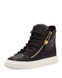 Crocodile-Embossed High-Top Sneaker, Nero