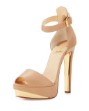 Tuctopen Leather Platform Red Sole Sandal, Nude/Gold