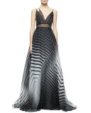 Sleeveless Asymmetric-Neck Printed Gown, Black/Ivory