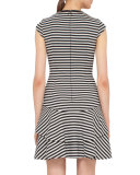 Striped Cap-Sleeve Flounce Dress, Black/Cream