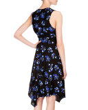 Floral-Print Handkerchief-Hem Wrap Dress, Black/Cobalt Flower