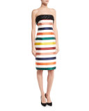 Strapless Striped Beaded Cocktail Dress, Multicolor