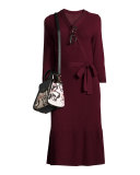 3/4-sleeve ribbed wool wrap dress, midnight wine