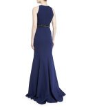 Sleeveless Crepe Peplum Gown, Midnight