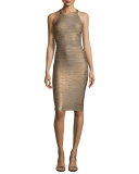 Sleeveless Metallic Halter Bandage Dress, Bronze/Combo
