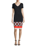 Ikat-Hem Milano Knit V-Neck Dress, Caviar/Multi