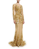 Beaded Long-Sleeve Illusion Gown, Gold