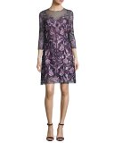 3/4-Sleeve Embroidered Floral Mesh Cocktail Dress, Navy/Purple