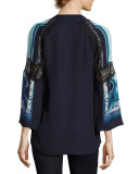 Sondra 3/4-Sleeve Lace-Trim Silk Blouse, Blue