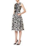 Printed Sleeveless Belted A-Line Dress, Black/White