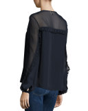 Long-Sleeve Silk Lace-Up Blouse, Midnight
