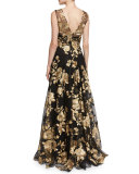 Sleeveless Floral-Embroidered Ball Gown, Black