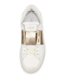 Metallic-Band Leather Sneaker, Bianco/Platinum