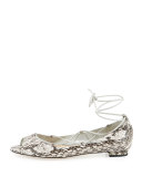 Aneska Snakeskin Lace-Up Open-Toe Flat, Natural