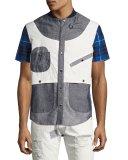 Geometric Patchwork Safari Shirt, Gray/Blue/White