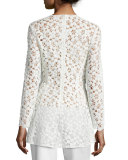 Long-Sleeve Embroidered-Lace Peplum Blouse, White