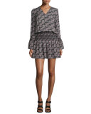 Long-Sleeve Smocked V-Neck Dress, Black/Multicolor