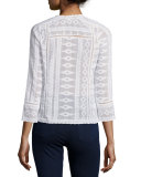 3/4-Sleeve Embroidered Gauze-Knit Top, Sea Salt