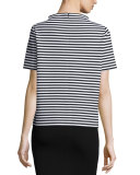 Stand-Collar Striped Short-Sleeve Top, Black 