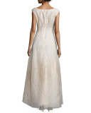 Metallic Dot Cap-Sleeve Gown, Champagne  