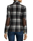 Peak-Lapel Plaid Blazer with Leather Trim