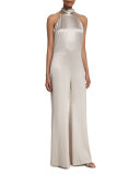 Slouchy Silk Mock-Neck Jumpsuit, Platinum