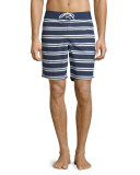 Striped Nylon Board Shorts, Navy Blue/White
