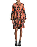 Bird-Print Henley Dress, Black/Red
