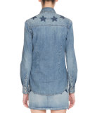 Star-Print Denim Button-Down Shirt, Blue
