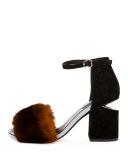 Abby Rabbit-Fur Tilt-Heel City Sandal, Ochre 