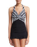 Madeira Halter One-Piece Swimdress, Black/White