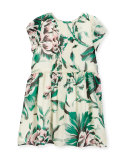 Teresa Pintucked Floral Silk Dress, Green, Size 4-14
