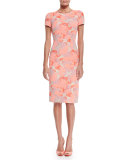 Short-Sleeve Hydrangea-Print Sheath Dress, Coral/Beige