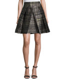 Kayla Confetti-Check Pleated Mini Skirt, Black