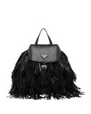 Soft Calfskin and Tessuto Fringe Backpack, Black (Nero)