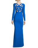 Long-Sleeve Woven-Back Ponte Gown, Cobalt