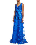 Sleeveless Floral-Appliqué A-Line Gown, Blue