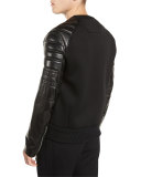 Quilted Leather-Trim Sweater, Black
