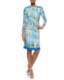 3/4-Sleeve Printed Ruched Sheath Dress